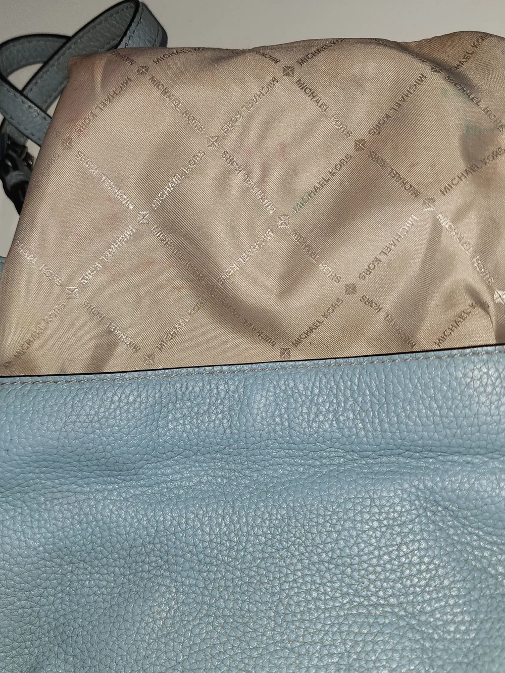 Michael Kors Light Blue Pebbled Leather Shoulder Bag MK Charm Silver Preowned